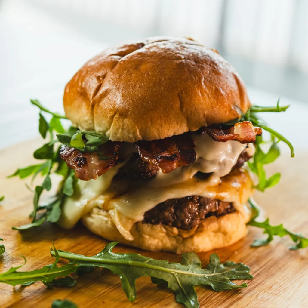 Hamburguesa gourmet con queso fundido, bacon crujiente y rúcula sobre pan brioche.