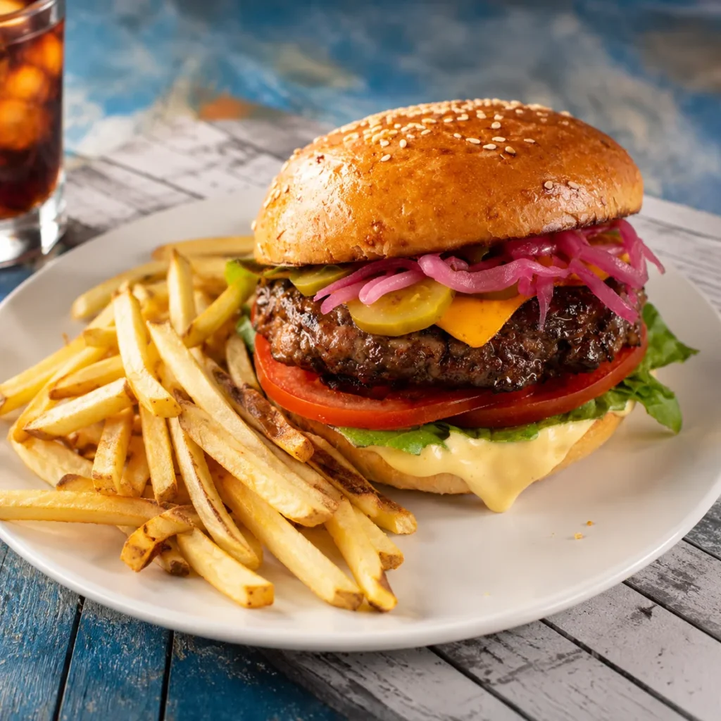Hamburguesa clásica en un plato con patatas